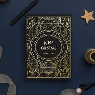 Carte De Vœux En Aluminium Chic Retro Art Déco Joyeux Noël Noir et Or