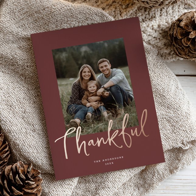 Carte De Vœux En Aluminium Chic Script Thanksgiving Photo Burgundy Rose Gold  (Créateur téléchargé)