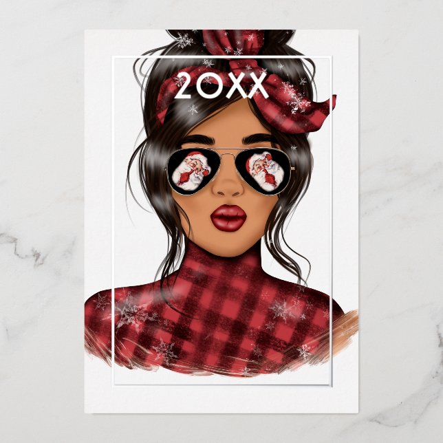 Carte De Vœux En Aluminium Chic Woman Red Buffalo Plaid Christmas (Recto)
