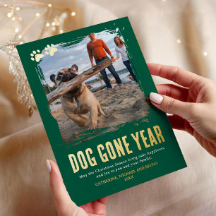 Carte De Vœux En Aluminium Chien est parti année photo verte Noël