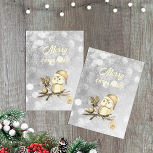 Carte De Vœux En Aluminium Chouette de Noël mignonne avec branches et boules