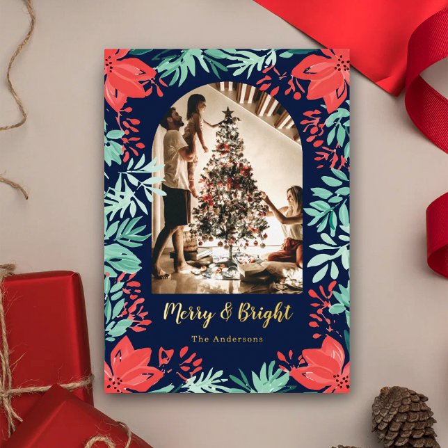 Carte De Vœux En Aluminium Christmas Arch Photo Blue Botanical Floral Gold (Créateur téléchargé)