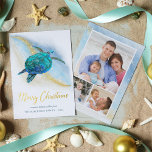 Carte De Vœux En Aluminium Christmas Beach Sea Turtle 3 Photo Coastale<br><div class="desc">Une véritable feuille d'or ajoute de l'élégance à cette carte de Noël à thème côtier, avec une tortue de mer bleu turquoise d'aquarelle sur un arrière - plan de plage abstrait avec une parties scintillant d'or vague brillante, et or Joyeux Noël. Sur le dos sont 3 modèles photo pour personnaliser...</div>
