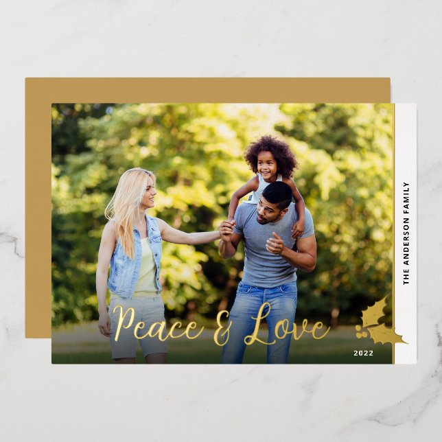 Carte De Vœux En Aluminium Christmas Holly Photo Peace & Love Gold (Recto/Verso)