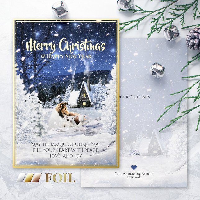 Carte De Vœux En Aluminium Christmas Magic, Sable Rough Collie & Lambs - (Créateur téléchargé)