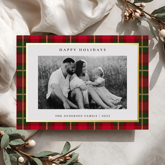 Carte De Vœux En Aluminium Christmas Tartan Plaid Two Side Family Photo (Créateur téléchargé)