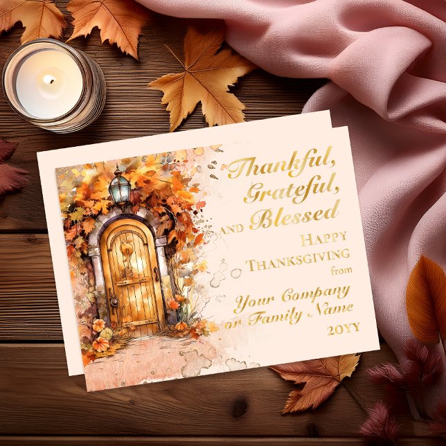 Carte De Vœux En Aluminium Chute Porte Thanksgiving Thankful Grateful Blessé (Elegant Wood Door Fall Leaves | Pumpkins "Thankful, Grateful and Blessed Thanksgiving Greeting Card)