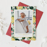 Carte De Vœux En Aluminium Citrus d'hiver et verdure Photo Motif<br><div class="desc">Joyeuses fêtes ! Offrez des salutations de vacances chaleureuses à votre famille et à vos amis avec cette carte de vacances en feuille d'or personnalisable. Il est doté d'aquarelle motif botanique d'agrumes, tranches de citron, verdure et saint. Personnalisez cette carte de vacances aquarelle en ajoutant vos propres détails. Cette carte...</div>
