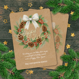 Carte De Vœux En Aluminium Classé Décembre Wreath Blanc Bow Aquarelle Or