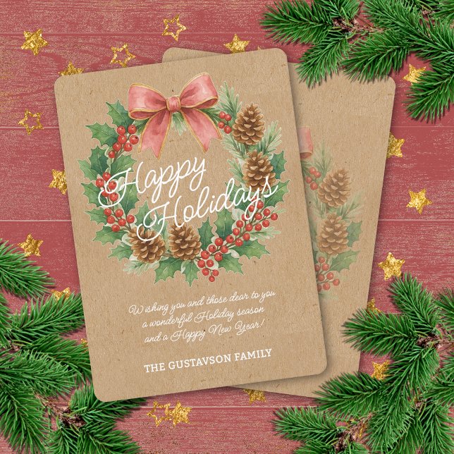 Carte De Vœux En Aluminium Classé Décembre Wreath Pink Bow Aquarelle Or (Créateur téléchargé)