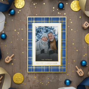 Carte De Vœux En Aluminium Classic Blue Gold Plaid Happy Hanoukka Photo