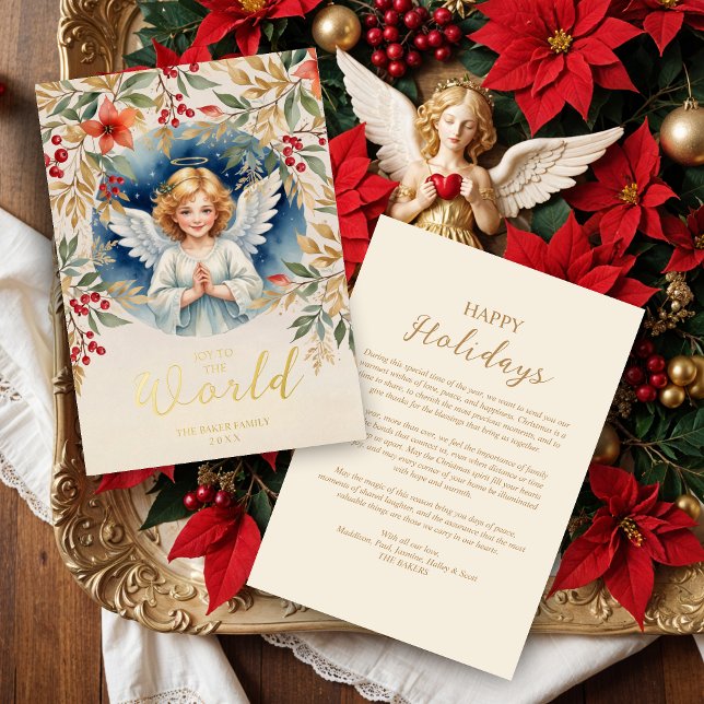 Carte De Vœux En Aluminium Classic Exquisite Christmas Angel Victorian (Classic Romantic Exquisite Christmas Angel with Flowers Victorian-Themed Inspired Metallic Foil Card)