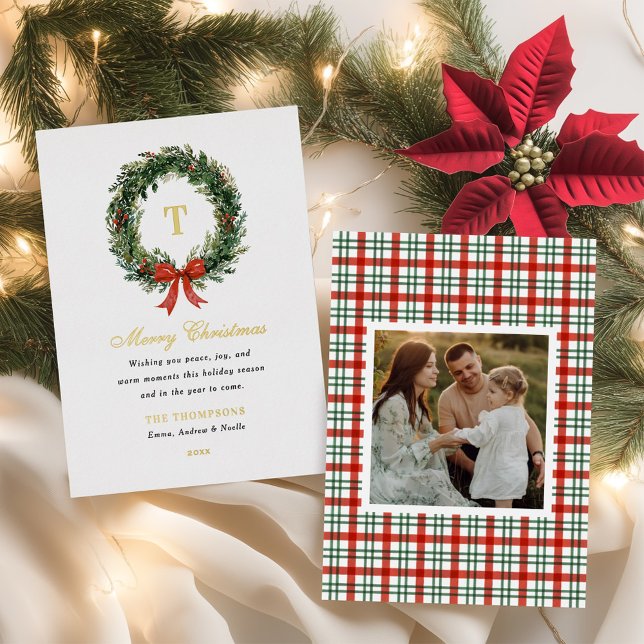 Carte De Vœux En Aluminium Classic Wreath Monogram Christmas Family Name Gold (Créateur téléchargé)