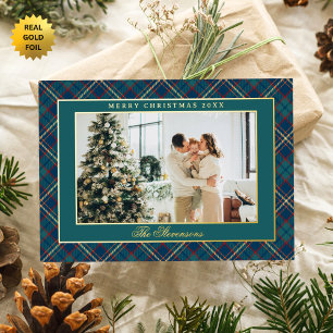 Carte De Vœux En Aluminium Classique Vert à carreaux Photo de Noël Doré Vinta