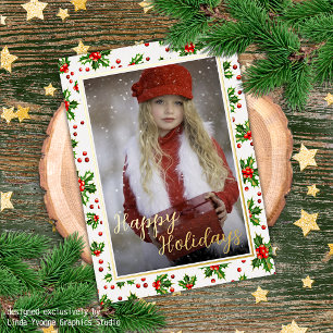 Carte De Vœux En Aluminium Classique Vert Holly Rouge Berries Or