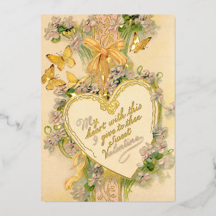 Carte De Vœux En Aluminium Cœur de la Saint-Valentin vintage, rubans et papil