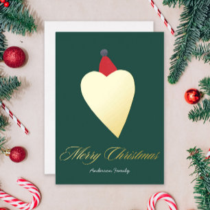 Carte De Vœux En Aluminium Coeur d'or de fête avec Casquette de Noël vert