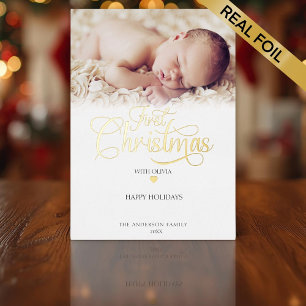 Carte De Vœux En Aluminium Coeur du premier script photo de Noël
