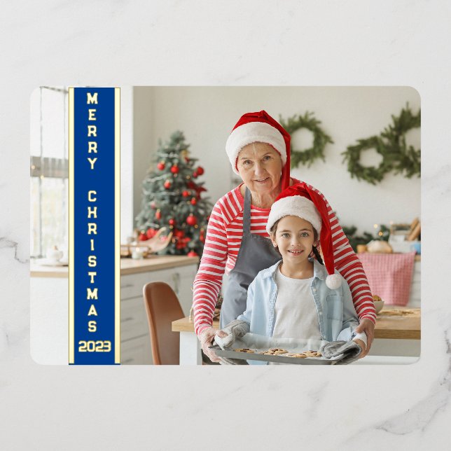 Carte De Vœux En Aluminium Collage 4 Photos Joyeux Noël Rouge Famille Or (Recto)