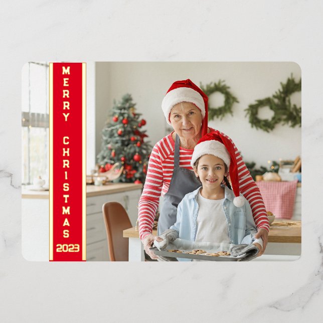 Carte De Vœux En Aluminium Collage 4 Photos Joyeux Noël Rouge Famille Or (Recto)