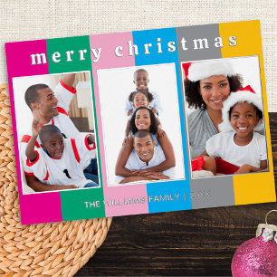 Carte De Vœux En Aluminium Collage de 3 photos rayé coloré Joyeux Noël
