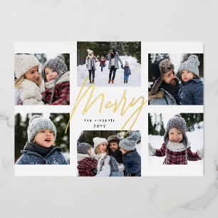 Carte De Vœux En Aluminium Collage de Noël avec 6 photos en or joyeux moderne