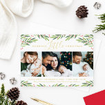 Carte De Vœux En Aluminium Collage photo Little Christmas avec or<br><div class="desc">Elégante carte de vacances "Merriest Little Christmas" comprend un collage de trois espaces photo et un véritable texte en feuille d'or personnalisé qui peut être personnalisé pour annoncer l'arrivée de votre nouveau bébé garçon ou fille. Comprend un arrière - plan blanc avec des sprigs verts aquarelle peints et des baies...</div>