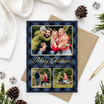 Carte De Vœux En Aluminium Collection photo de Noël de Buffalo de la Marine m<br><div class="desc">La carte de vacances photo plaid moderne et festive comprend un collage de 3 photos encadrées par une bordure et des accents de feuille d'or réel et aquarelle peinte à la main bleu marine et noir buffle chèque en plaid arrière - plan à motifs. Personnalisez le texte personnalisé "Joyeux Noël"...</div>