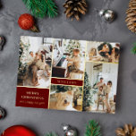 Carte De Vœux En Aluminium Collection photo or Bourgogne moderne Joyeux Noël<br><div class="desc">Carte moderne de Noël rouge foncé et or personnalisée avec un collage photo de votre famille. Joyeux Noël en lettres élégantes. Votre nom de famille entouré de photos. Texte de feuille d'or sur un arrière - plan bordeaux.</div>