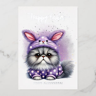 Carte De Vœux En Aluminium Costume de lapin mignon et mignon violet joyeux Pâ
