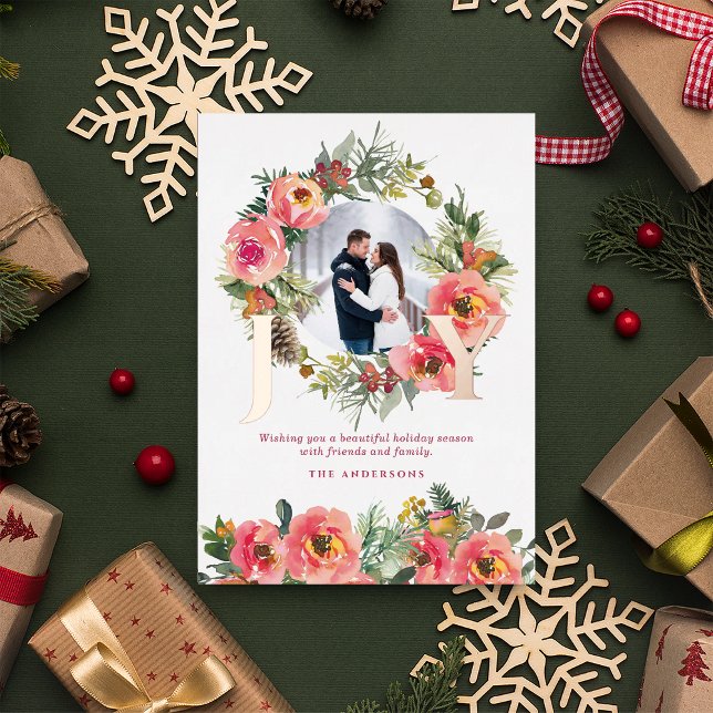 Carte De Vœux En Aluminium Courbe florale Joie rouge Botanique Noël Photo (Créateur téléchargé)