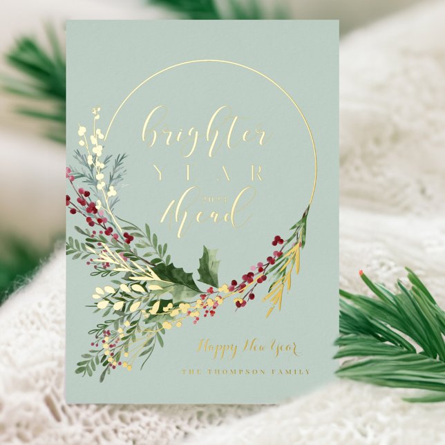 Carte De Vœux En Aluminium Couronne aquarelle Bonne Année (Brighter Year Ahead Watercolor Wreath New Year Foil Holiday Card)