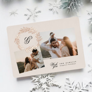 Carte De Vœux En Aluminium Couronne classique Collage photo de Noël Rose Gold