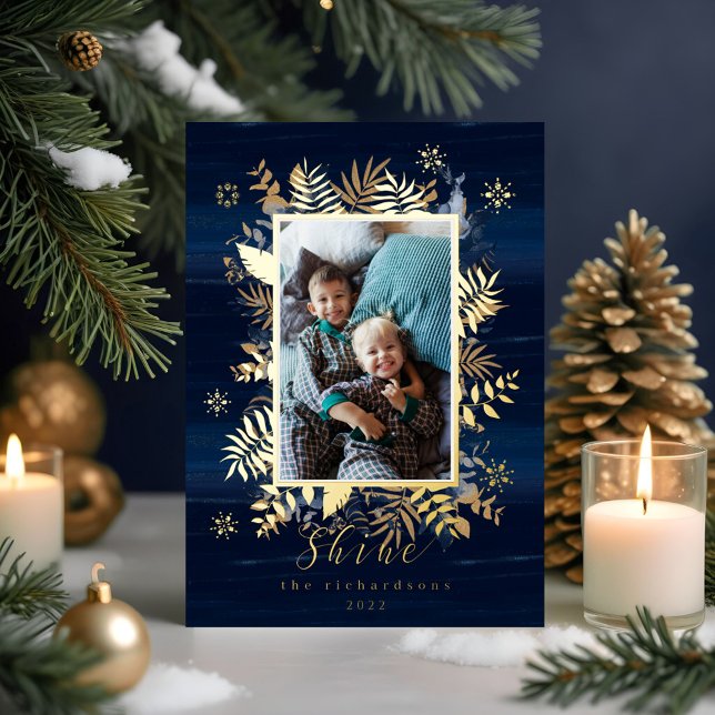 Carte De Vœux En Aluminium Couronne de Navy & Or, Bijoux, Plumes & Feuillage  (Navy & Gold Jewels Feathers & Foliage Photo Wreath Foil Holiday Card)