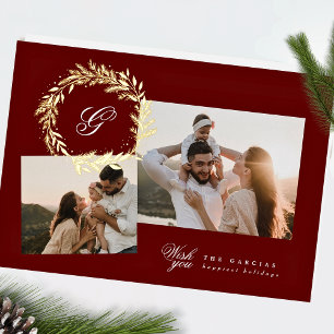 Carte De Vœux En Aluminium Couronne de Noël classique avec monogramme TWO pho