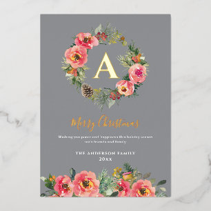 Carte De Vœux En Aluminium Couronne de Noël florale botanique grise Monogramm