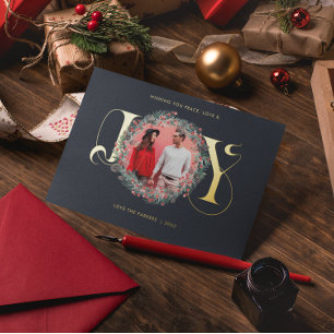 Carte De Vœux En Aluminium Couronne de Noël JOY Élégante Feuilles Baies Photo