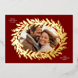 Carte De Vœux En Aluminium Couronne de pin de Noël rouge foncé photo plate Or