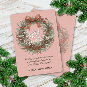 Carte De Vœux En Aluminium Couronne Holly Chic De Décembre Avec Bow Rouge Sur