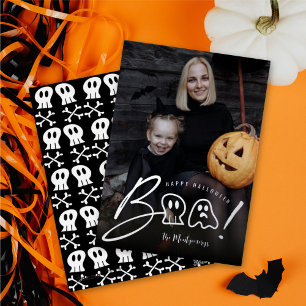 Carte De Vœux En Aluminium Crâne effrayant et fantôme Boo! Photo de Halloween
