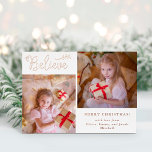 Carte De Vœux En Aluminium Croire | Christmas Photo Collage Rose Gold<br><div class="desc">Cette carte de vacances tendance et élégante dit "Croyez" en feuille d'or rose moderne écriture manuscrite,  avec une branche botanique de Noël assortie,  sur un arrière - plan blanc. Ajoutez deux de vos photos personnelles préférées à l'avant,  et une autre à l'arrière.</div>