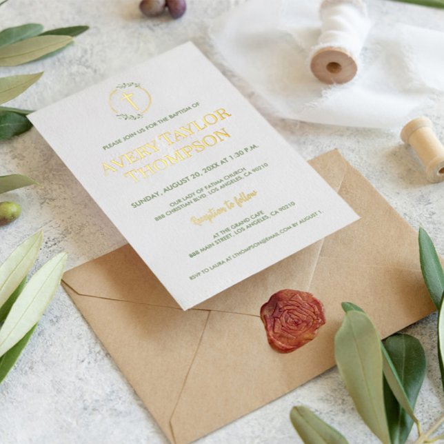 Carte De Vœux En Aluminium Croix élégante en or véritable aquarelle laurier B (Elegant real gold foil baptism gold cross wreath invitation
)