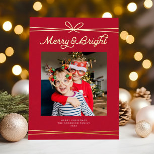 Carte De Vœux En Aluminium Cuire Bow Merry & Bright Photo Rouge + Or