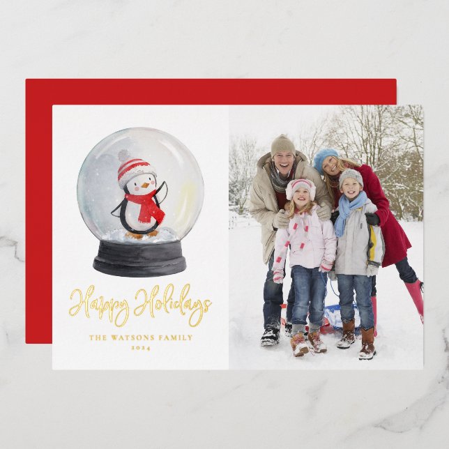 Carte De Vœux En Aluminium Cute aquarelle Pingouin Globe des neiges (Recto/Verso)