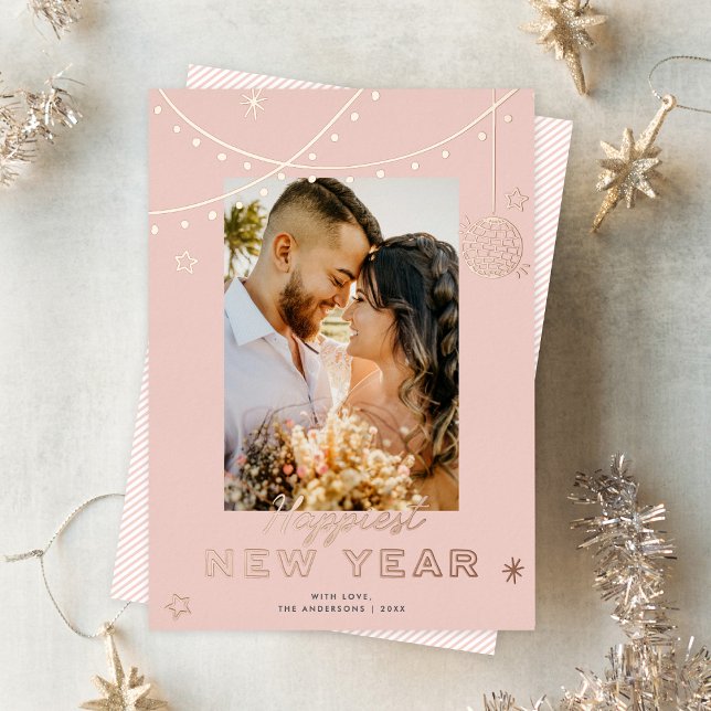 Carte De Vœux En Aluminium Cute Doodles Happy New Year Photo Blush Rose Gold (Créateur téléchargé)