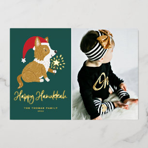 Carte De Vœux En Aluminium Cute Père Noël Corgi Photo Green Happy Hanoukka