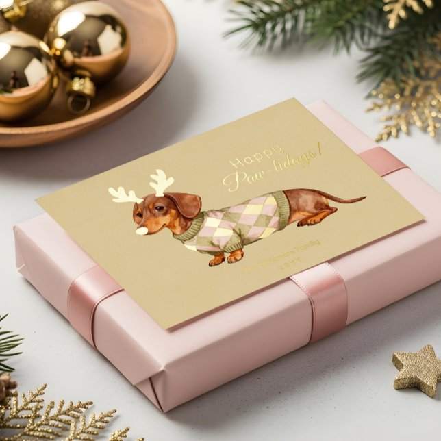 Carte De Vœux En Aluminium Dachshund Dog Christmas Checkered Sweater Photo (Dachshund Dog Christmas Checkered Sweater Photo Foil Holiday Card)