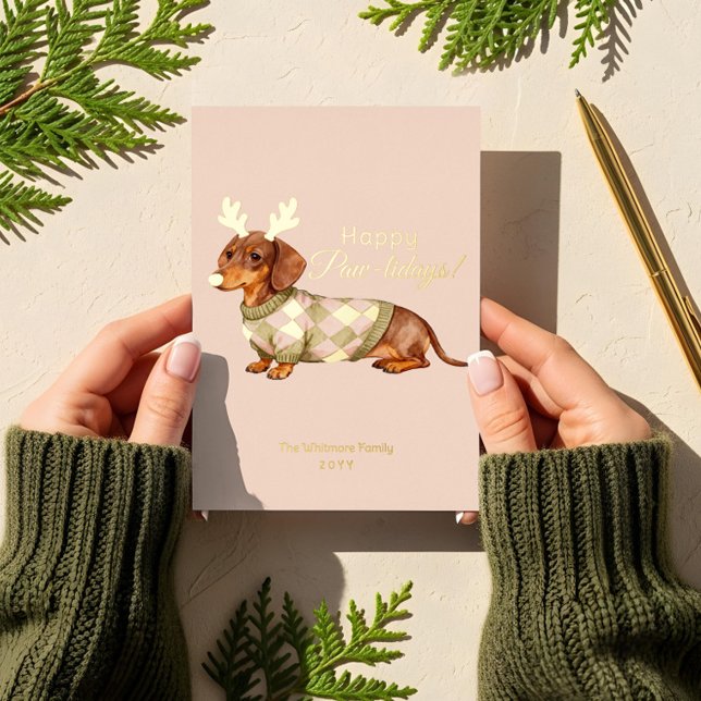 Carte De Vœux En Aluminium Dachshund Dog Christmas Checkered Sweater Photo (Dachshund Dog Christmas Checkered Sweater Photo Foil Holiday Card)