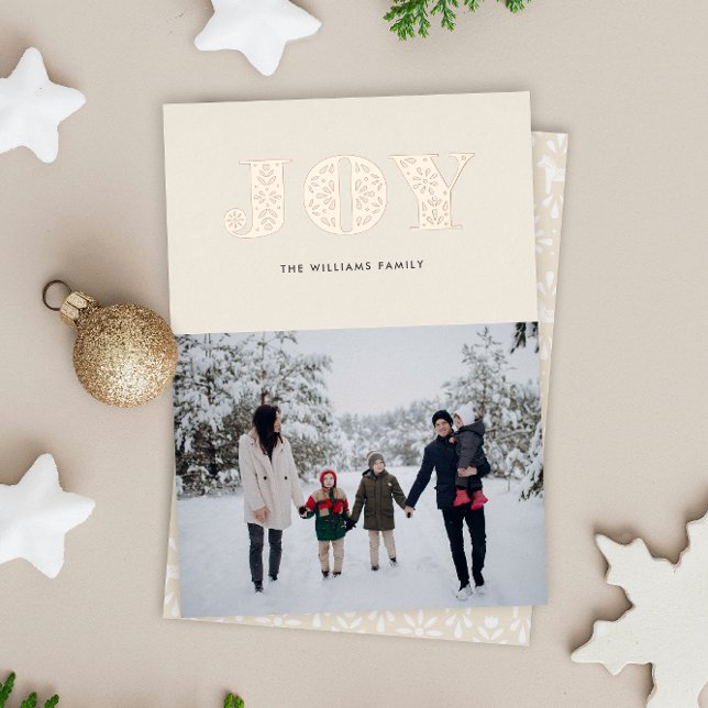 Carte De Vœux En Aluminium Dala Style Rose suédois Gold (soft beige and shiny rose gold raised foil Swedish folk art style JOY Christmas photo holiday card)