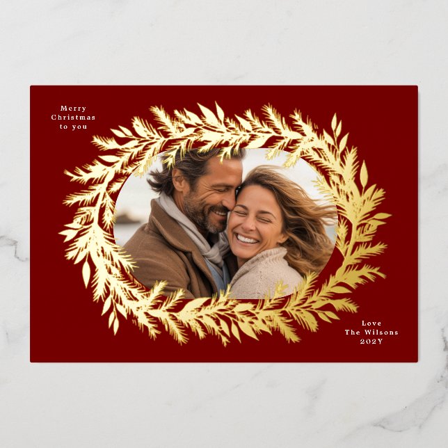 Carte De Vœux En Aluminium Dark red christmas pine wreath flat photo Gold (Recto)